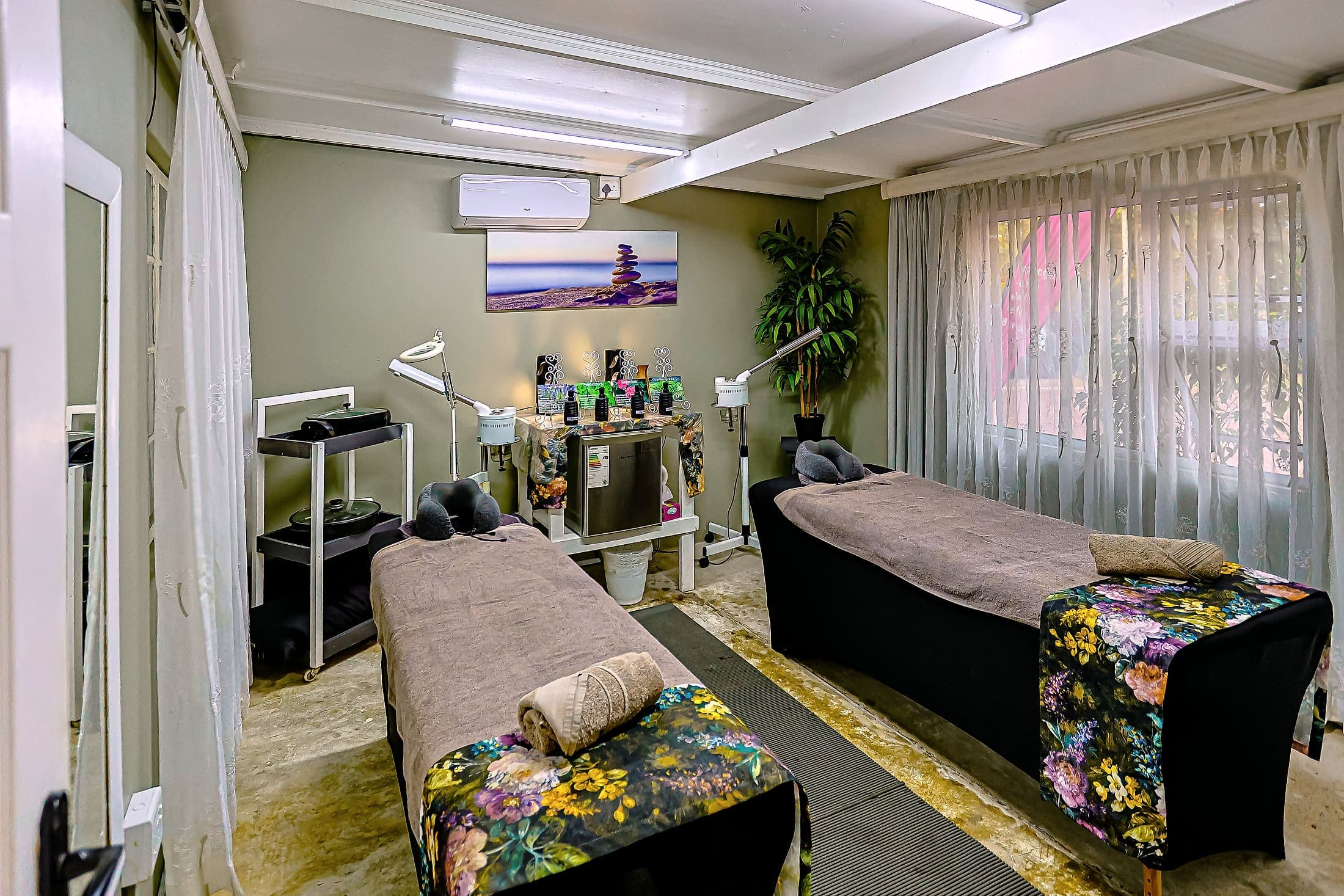 The double treatment room, set up for two